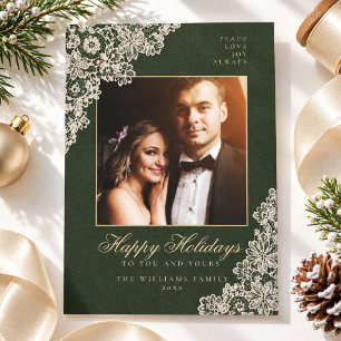 Cartão De Festividades Elegante Foto de Família Natal Verde Escuro com Re
