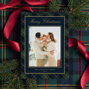 Cartão De Festividades Elegante Foto de Natal Clássico Xadrez da Família