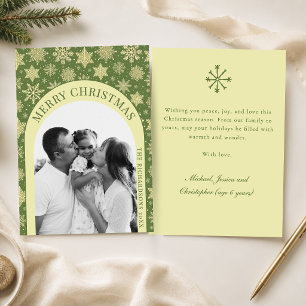 Cartão De Festividades Elegante Foto de Natal com Floco de Neve em Verde 
