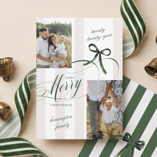 Cartão De Festividades Elegante Foto de Natal com Laço Verde em Script