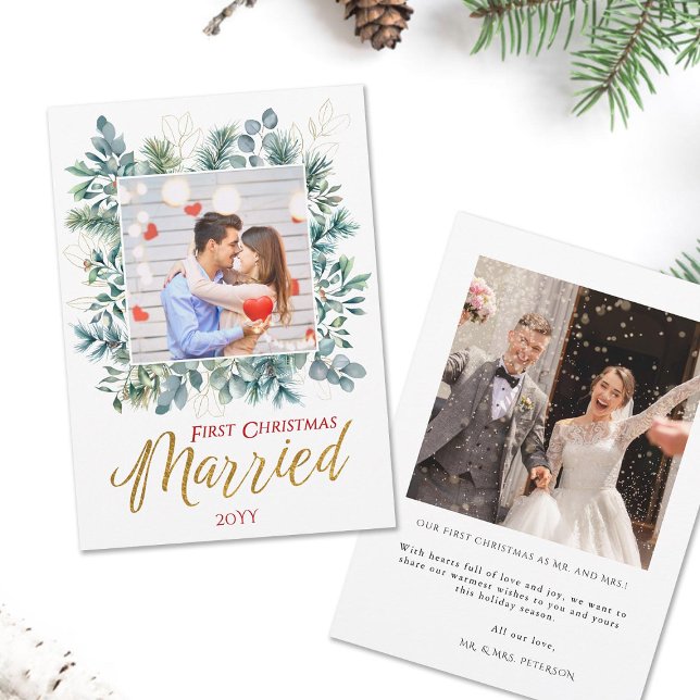 Cartão De Festividades Elegante Foto de Natal dos Recém-Casados (first christmas married newlyweds couple holidays card elegant botanical square frame gold green red)