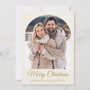 Cartão De Festividades Elegante Foto de Natal em Marfim Dourado