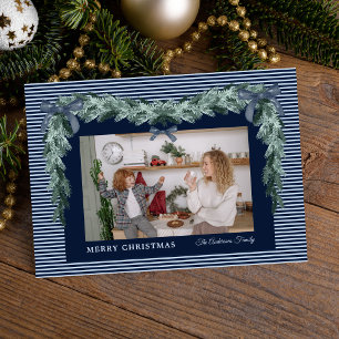 Cartão De Festividades Elegante Foto de Verde Natal com Listras Azuis
