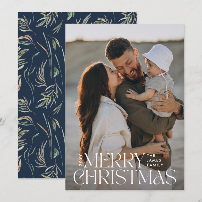 Cartão De Festividades Elegante foto moderna e mínima botânica azul marin (Frente/Verso)