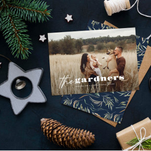 Cartão De Festividades Elegante foto moderna e mínima botânica azul marin