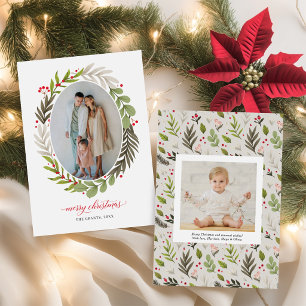 Cartão De Festividades Elegante Foto Oval de Natal em Aquarela com Folhag