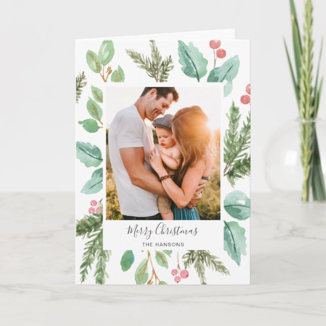 Cartão De Festividades Elegante Fotografia de Azevinho Natalino Feliz Nat (Frente)