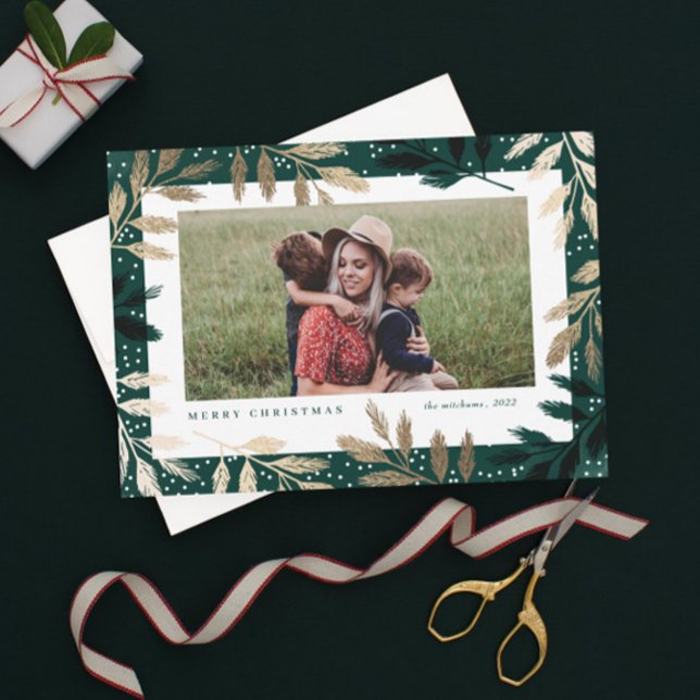 Cartão De Festividades Elegante Gold Foil Branches 3 Foto Natal (Criador carregado)