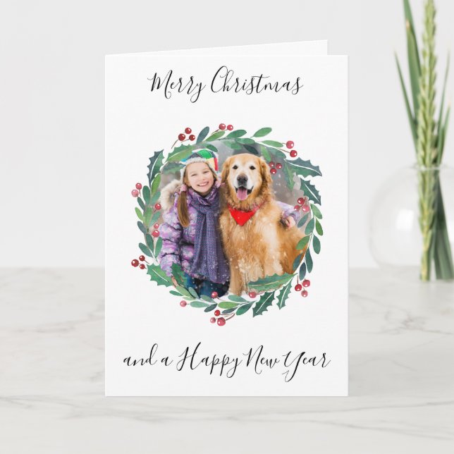 Cartão De Festividades Elegante Greenery Botânica Wreath Foto de Natal (Frente)