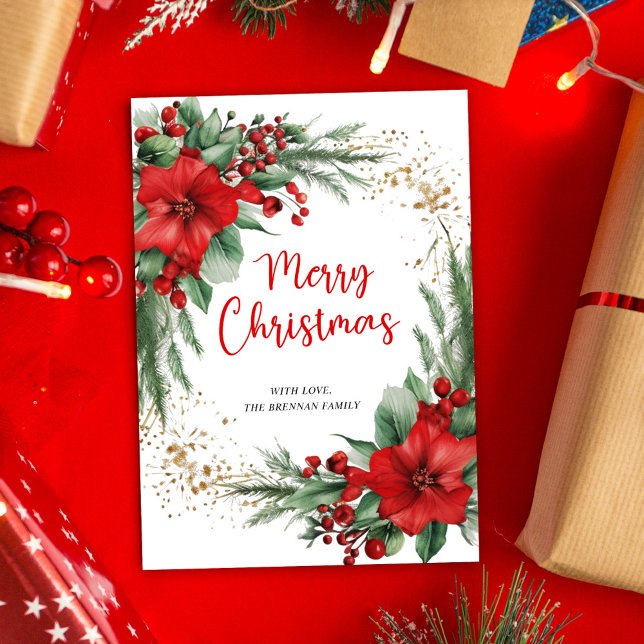 Cartão De Festividades Elegante Greenery Botânico Feliz Natal (Red Botanical Merry Christmas Holiday Card)