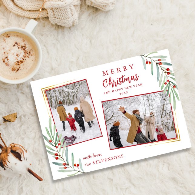 Cartão De Festividades Elegante Holly Berries 2 Photo Red Felry Natal (Criador carregado)