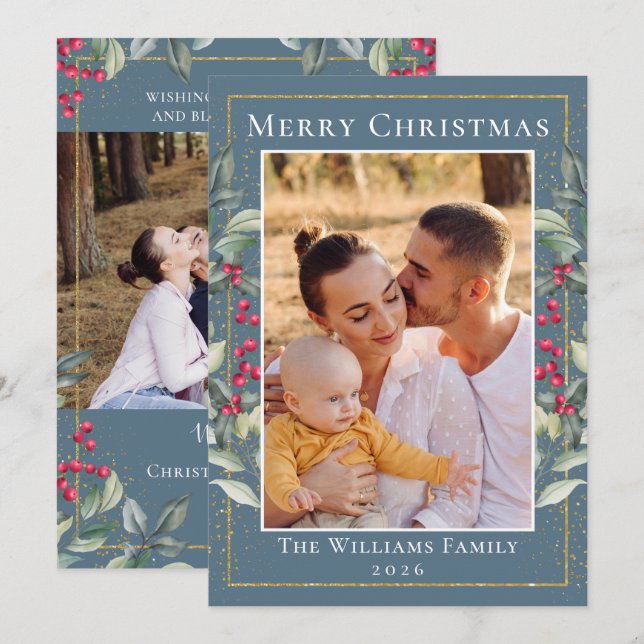 Cartão De Festividades Elegante Holly Berries Blue Cinza Natal 2 Foto (Frente/Verso)