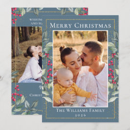 Cartão De Festividades Elegante Holly Berries Blue Cinza Natal 2 Foto