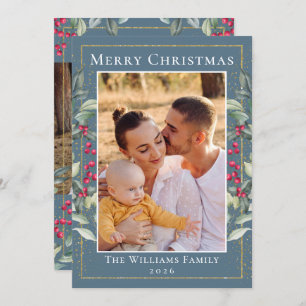 Cartão De Festividades Elegante Holly Berries Blue Cinza Natal 2 Foto