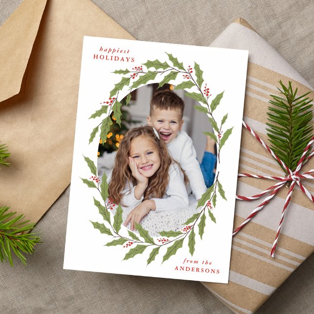 Cartão De Festividades Elegante Holly Berry Oval Wreath 3 Foto (Criador carregado)