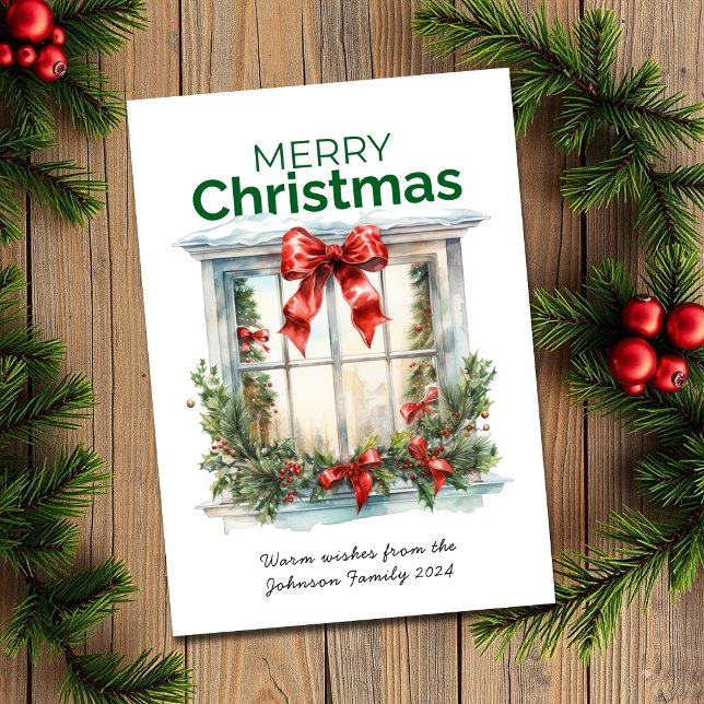 Cartão De Festividades Elegante Janela Rustic Watercolor Feliz Natal (Criador carregado)