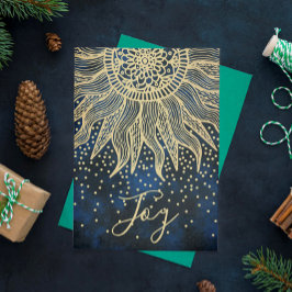 Cartão De Festividades Elegante Joy Blue Dourado Boho Sun Mandala Natal