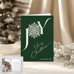 Cartão De Festividades Elegante JOY Forest Green Foto dobrada Natal