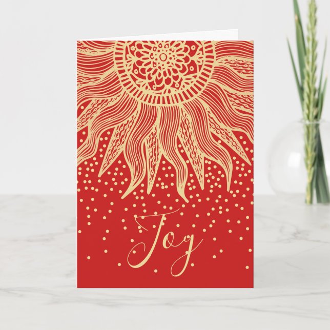 Cartão De Festividades Elegante Joy Red Dourado Boho Sun Mandala Natal (Frente)
