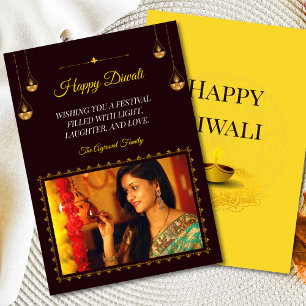 Cartão De Festividades Elegante Mandala Diya Foto Brown Dourado Diwali