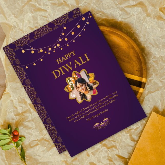 Cartão De Festividades Elegante Mandala personalizado Foto Ouro Roxo diwa (Criador carregado)