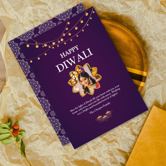 Cartão De Festividades Elegante Mandala personalizado Foto Purple Diwali (Criador carregado)