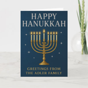 Cartão De Festividades Elegante Menorah, Estrelas e Chanucá Azul Real