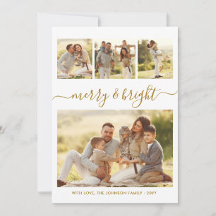 Cartão De Festividades Elegante Merry & Bright Dourado Script 4 Colagem d