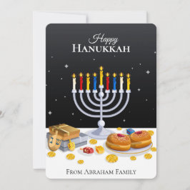 Cartão De Festividades Elegante Moderno Hanukkah Menorah Sufganiyot Dreid