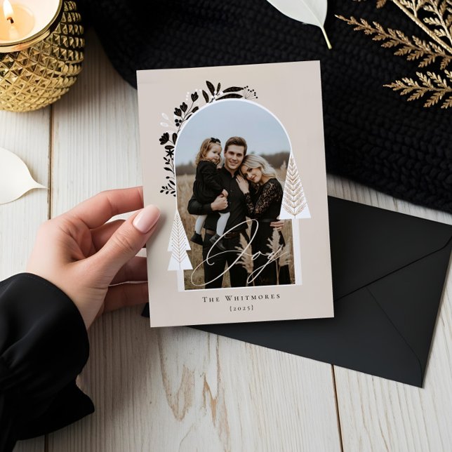 Cartão De Festividades Elegante Moderno Joy Foto Evergreen Árvore de Nata (Elegant Modern Joy Photo Evergreen Christmas Tree Holiday Card)