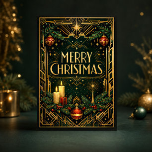 Cartão De Festividades Elegante Natal Alegre Art Déco em Ouro