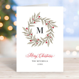 Cartão De Festividades Elegante Natal Greenery Monograma Wreath