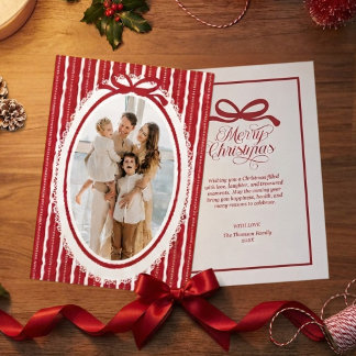 Cartão De Festividades Elegante Natal Moderno com Listras e Laço Vermelho
