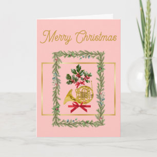 Cartão De Festividades Elegante Natal Rosa Trompa Francesa