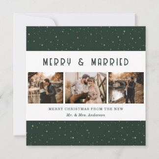 Cartão De Festividades Elegante Natal Verde Dourado Casado e Feliz