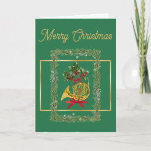 Cartão De Festividades Elegante Natal Verde Trompa Francesa