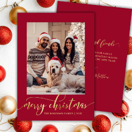 Cartão De Festividades Elegante Natal Vermelho de Uma Foto em Script Dour