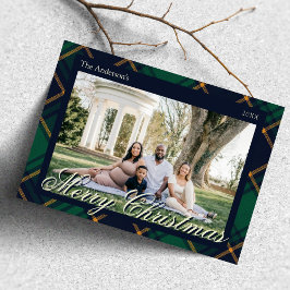 Cartão De Festividades Elegante Natal Xadrez Verde Azul-Marinho