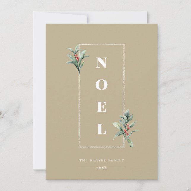 Cartão De Festividades Elegante NOEL Dourado Winter Berry Frame Photo Bei (Frente)