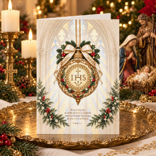 Cartão De Festividades Elegante Ornamentação Católica IHS, Floral Lucas 2
