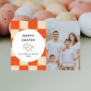 Cartão De Festividades Elegante Padrão Coral e Creme Foto Feliz Páscoa
