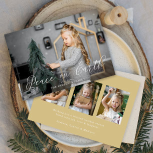 Cartão De Festividades Elegante Peace on Earth Script Dourado 4 Photo