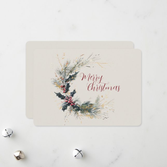 Cartão De Festividades Elegante Pine e Holly Wreath com Destaques Dourado (Frente/Verso In Situ)