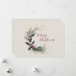 Cartão De Festividades Elegante Pine e Holly Wreath com Destaques Dourado