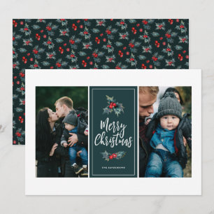 Cartão De Festividades Elegante Pintado Holly   Duas Fotografias Verdes n