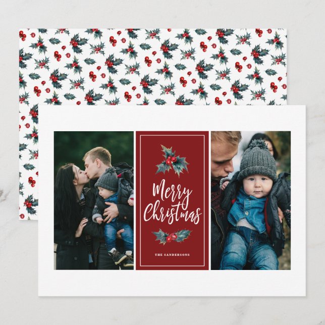 Cartão De Festividades Elegante Pintado Holly | Natal Red Two Photo (Frente/Verso)