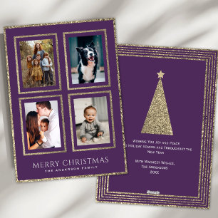 Cartão De Festividades Elegante Plum e Dourada Colagem de Fotos de Natal