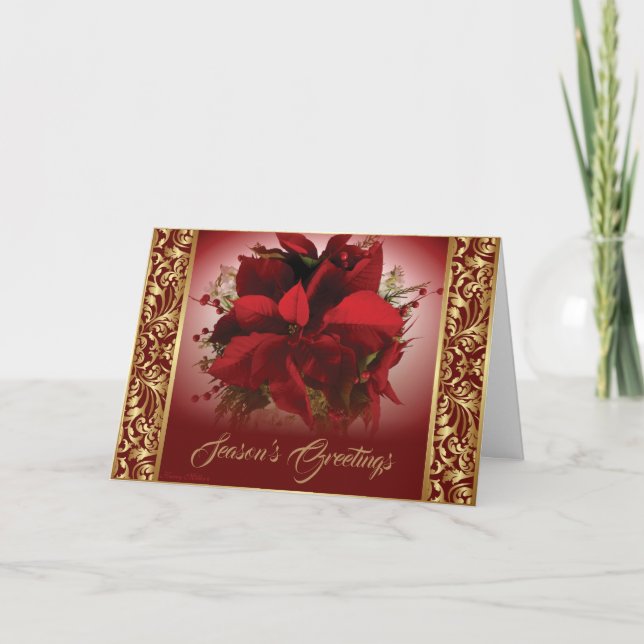 Cartão De Festividades Elegante Poinsettia de Natal Vermelha e Dourada (Frente)