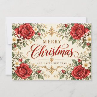 Cartão De Festividades Elegante Poinsettia e Azevinho de Natal Vintage
