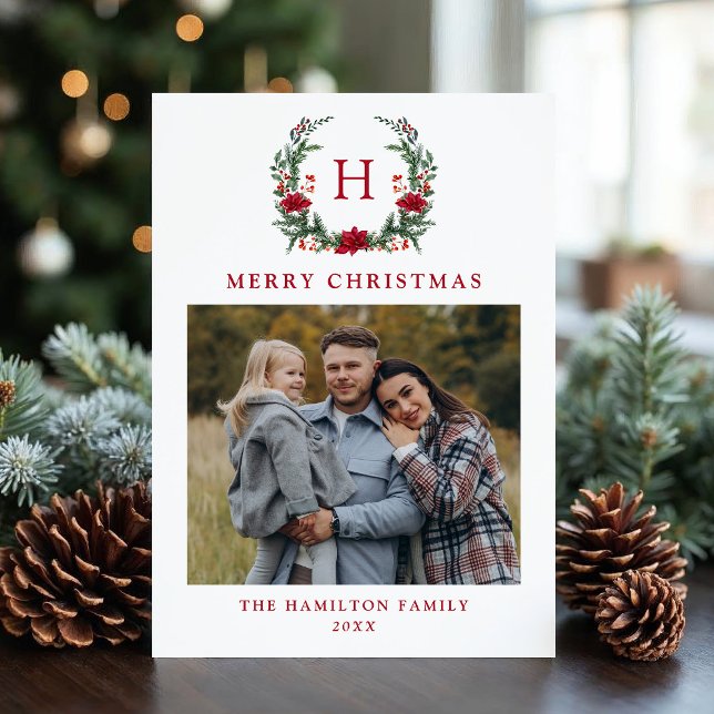 Cartão De Festividades Elegante Poinsettia Wreath Monograma Foto (Criador carregado)